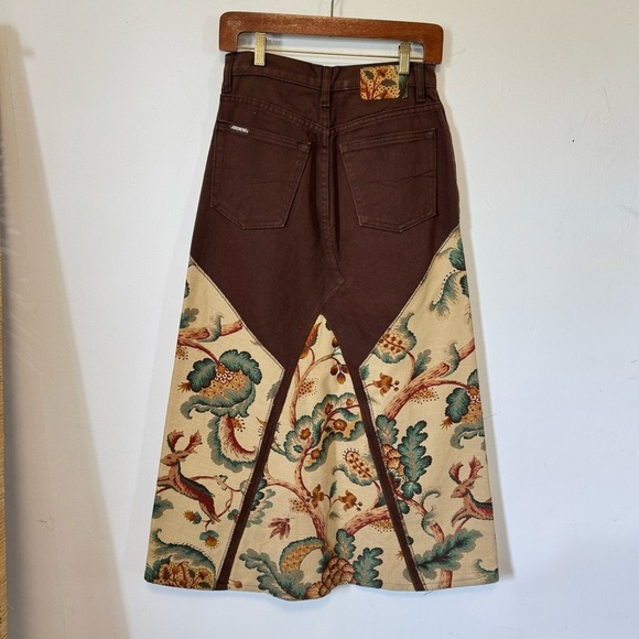 Vintage Jordache Maxi Skirt Brown Denim Patchwork Tapestry Bird 80s Womens Small - Picture 4 of 9
